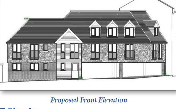 Lot: 114 - LAND WITH PLANNING FOR TWO FLATS AND A MAISONETTE - Proposed Front Elevation